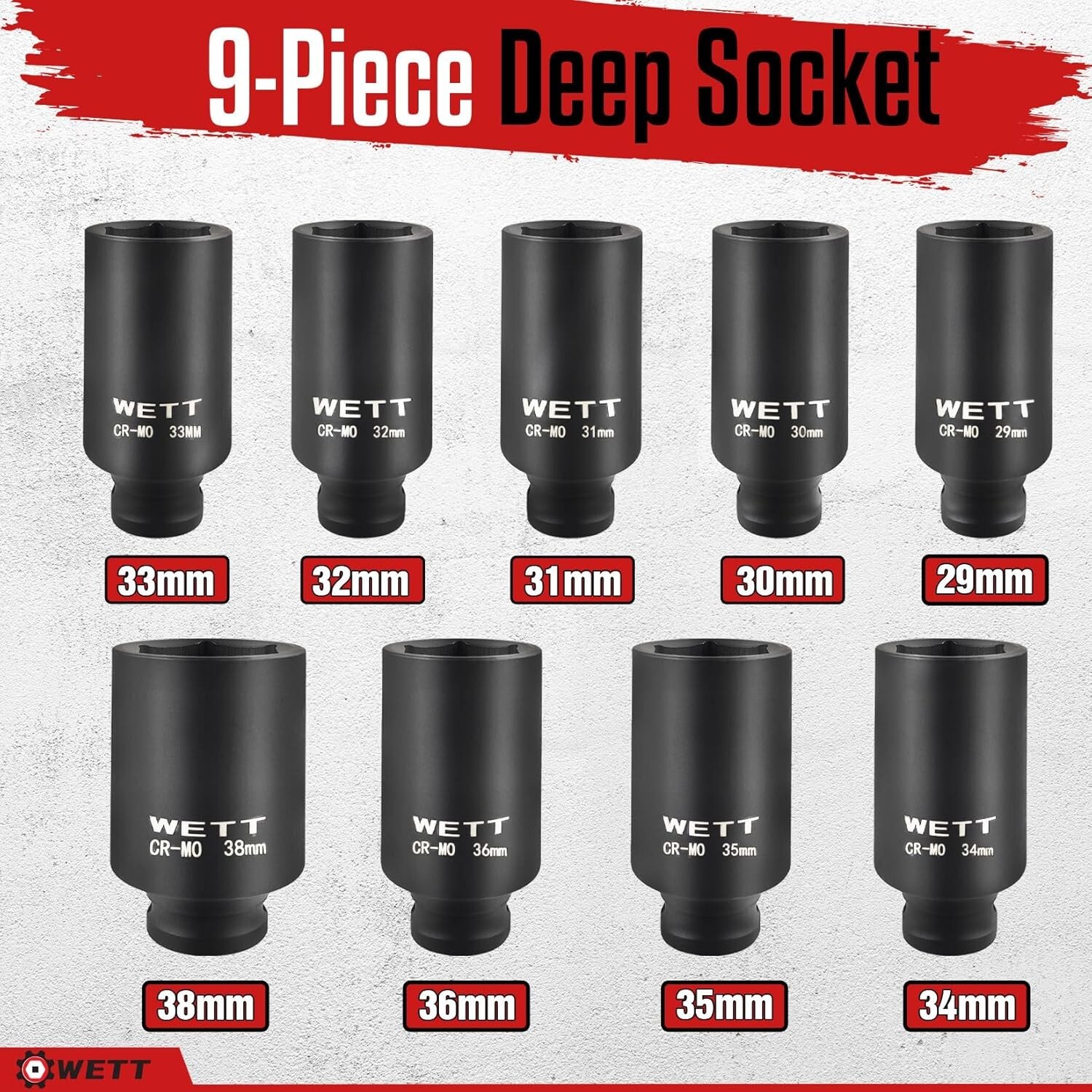 1/2″ Drive Deep Large Impact Socket Set of 9 Pcs 6 Point Sockets – 29mm-38mm