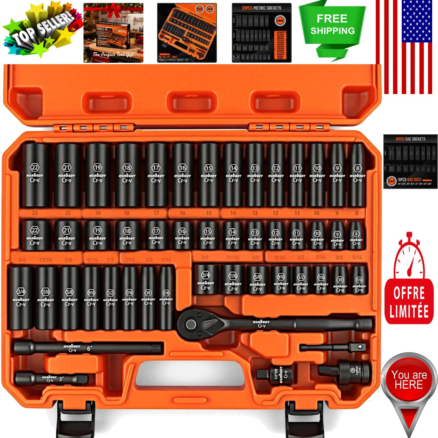50-Piece 3/8″ Drive Impact Socket Set in SAE & Metric for Ultimate Versatility