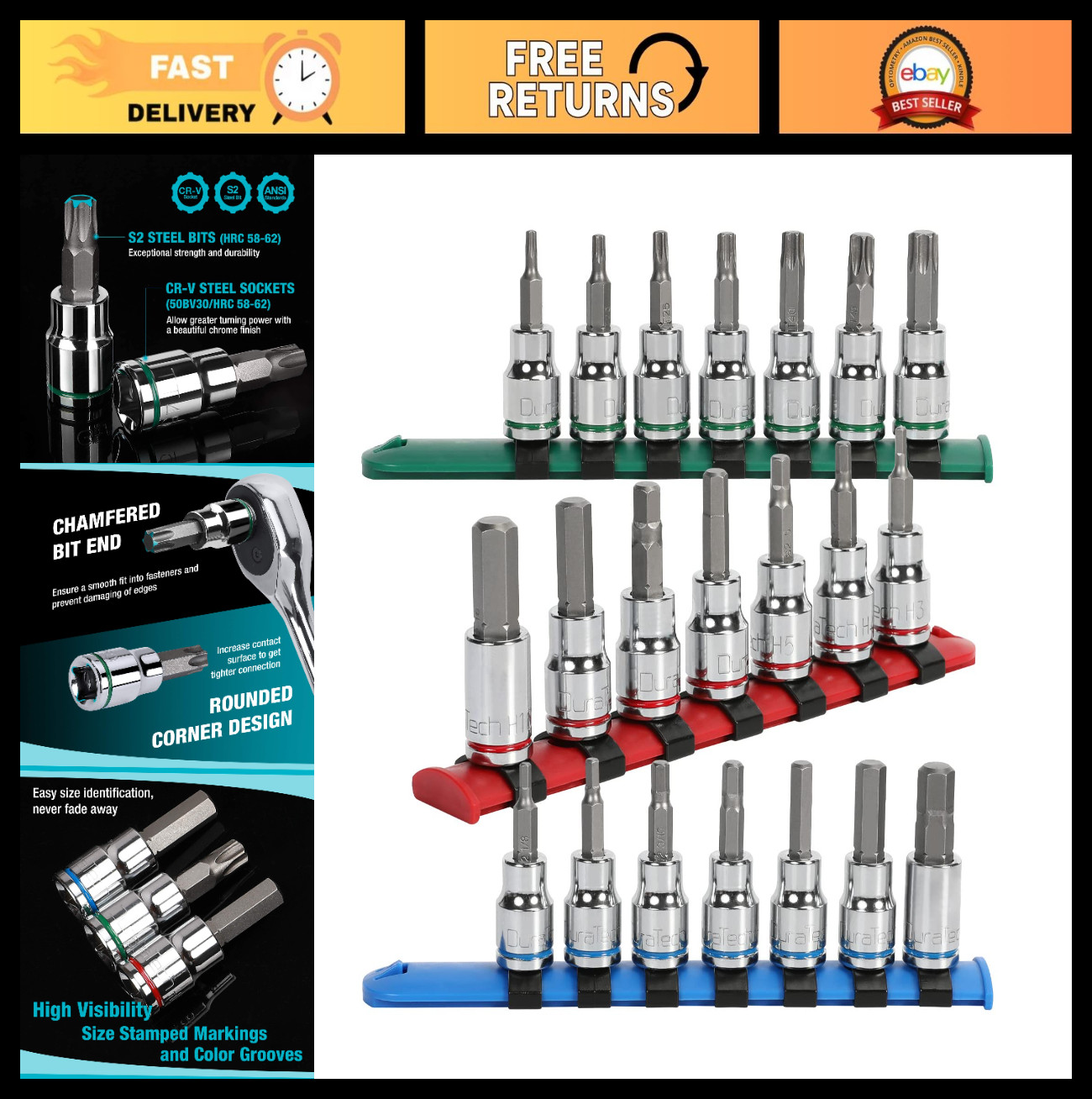 21-Piece Torx Bit Socket Set, 3/8″ Drive, Premium CR-V & S2, Metric & SAE