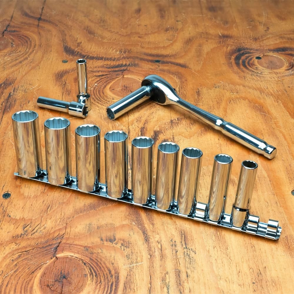 3/8 Inch Drive Metric Socket Set 12 Pieces Deep Chrome Steel Tool Kit