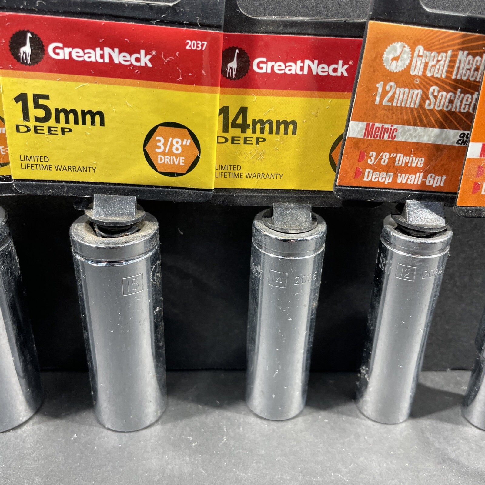 5- Metric Deep Great Neck Sockets, 18mm 15mm 14mm 12mm 9mm, 3/8” Drive, 6 Point