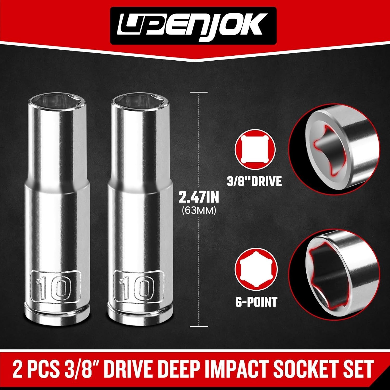 2PCS 3/8″ Drive 10mm Socket Set, Deep, Mirror Finish, Cr-V Steel, 6-Point