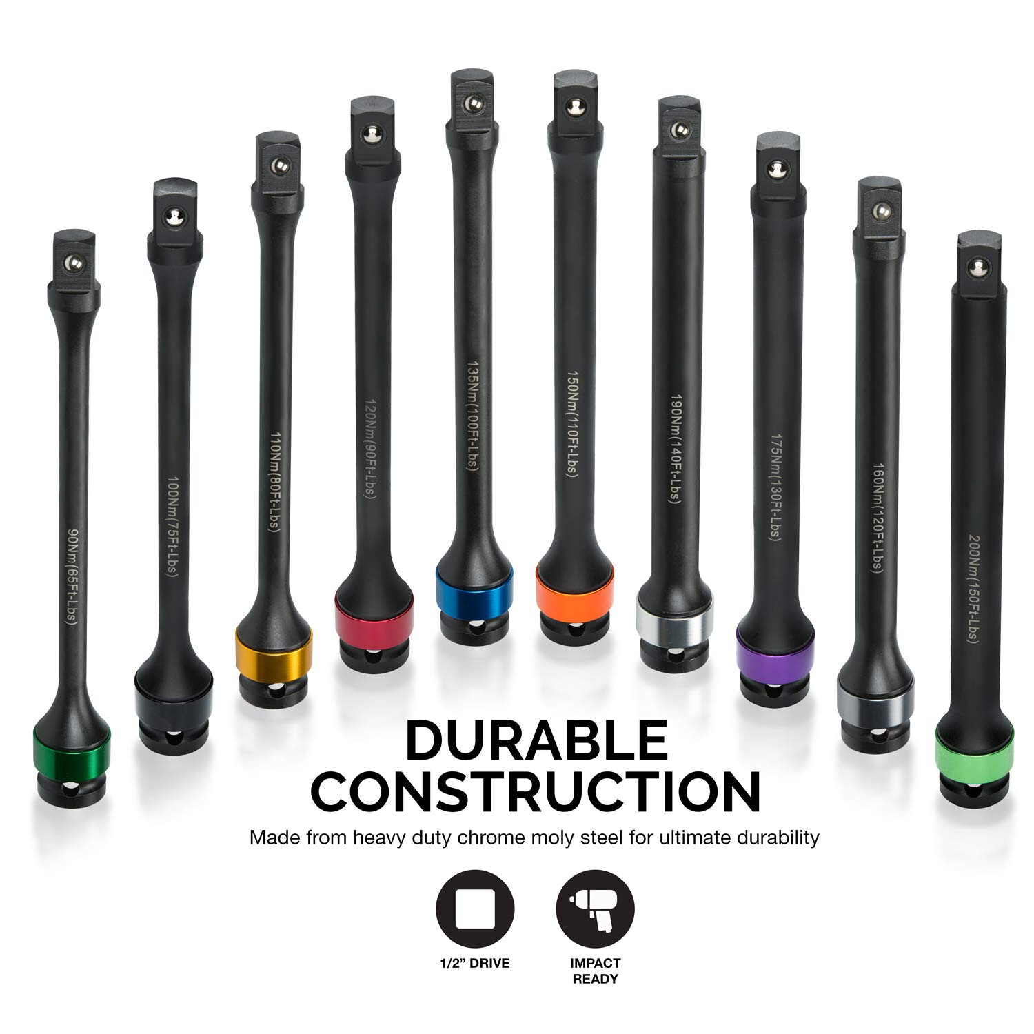 10pcs 1/2″ Dr. Torque Limiting Extension Bar 8″ Length 65-150 Ft/Lbs (90-200Nm)