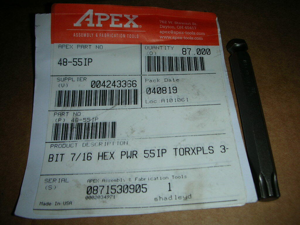APEX IND TP55 55IP 48-55IP TORX PLUS SOCKET BIT 7/16″ Hex Power Drive USA NEW!