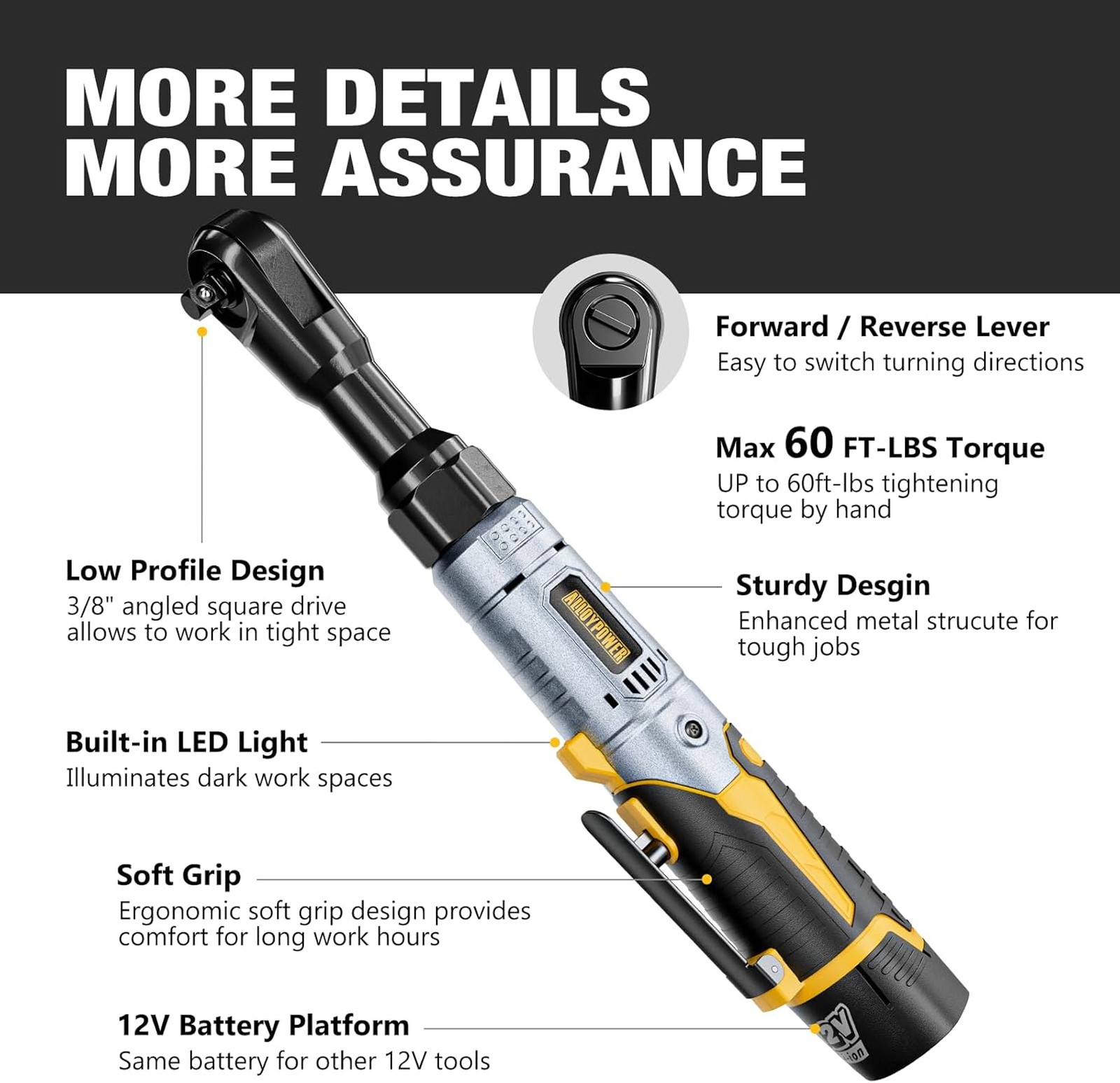 3/8″ Cordless Ratchet Wrench Set, 60FT-LBS(80N.m) Electric Ratchet, 12V Extended