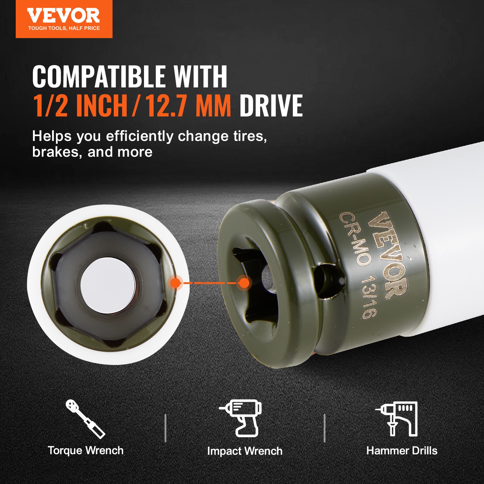 VEVOR Lug Nut Impact Socket Set 1/2 in Drive Metric and SAE 6-Point Deep Socket