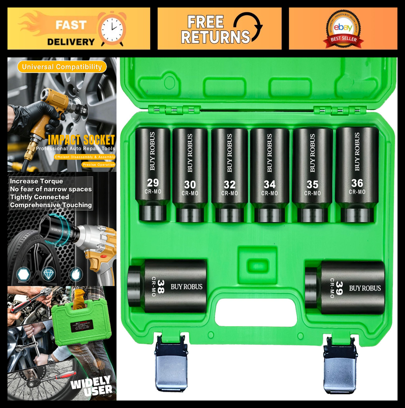 8PC 1/2″ Deep Impact Socket Set – Metric Axle Nut, CR-MO, 6 Point, 29-39mm