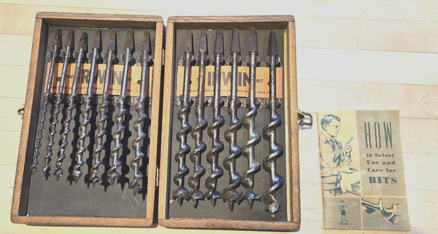 IRWIN Auger Bit Set in Oak Box with Original Booklet