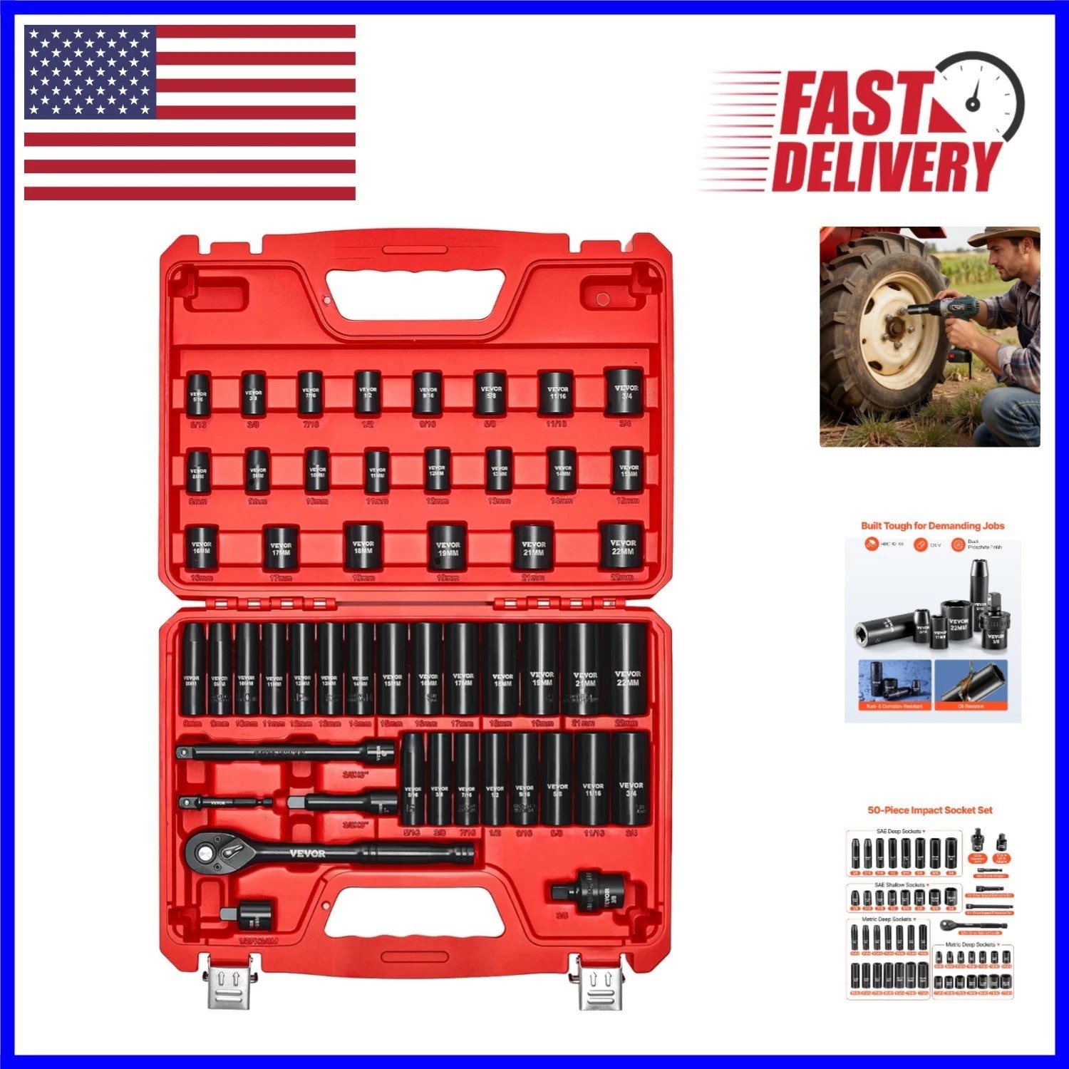 Versatile 50-Piece Socket Set: Deep & Shallow Impact Sockets, Ratchet & More