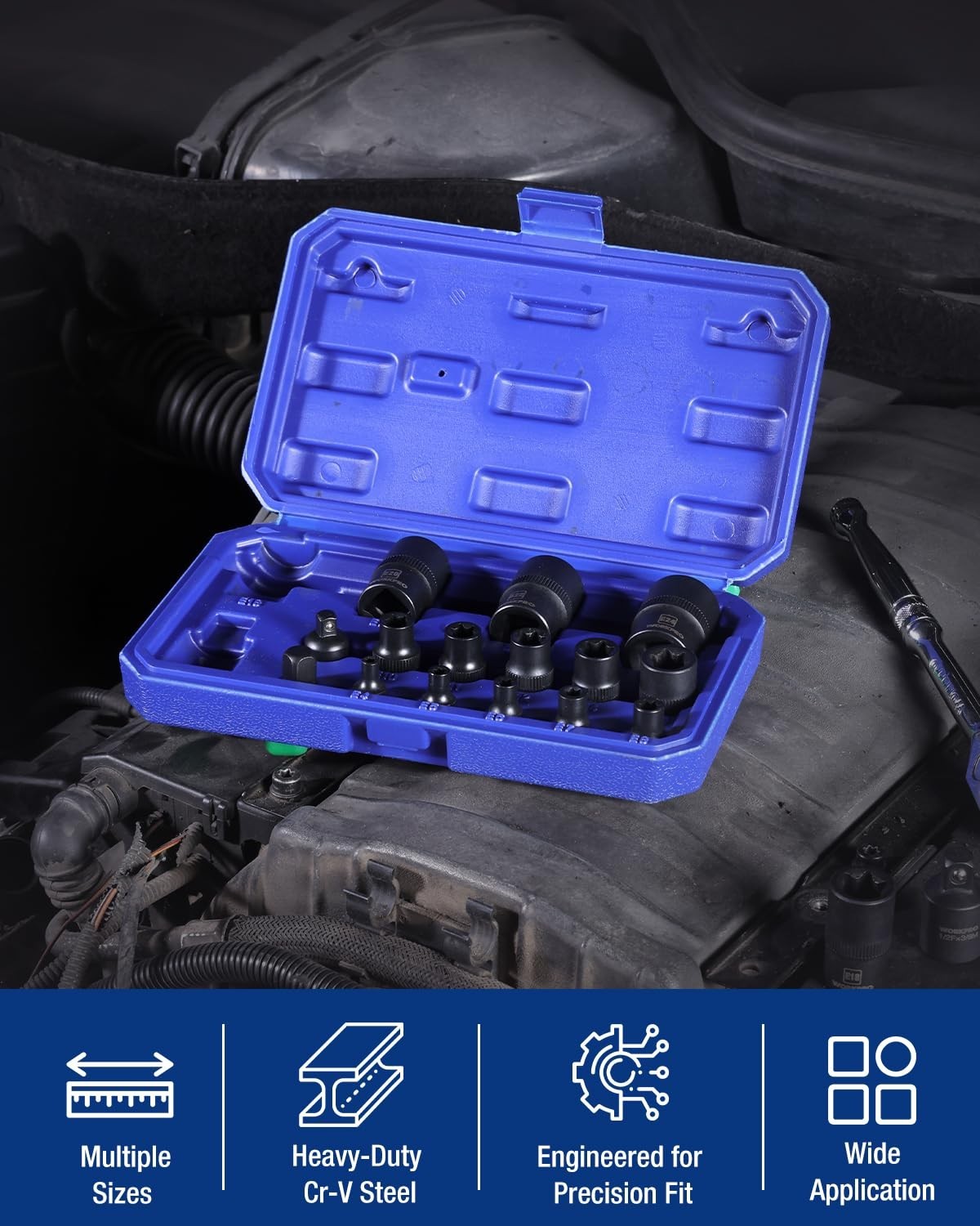 17 PCS Female E-Torx Socket Set E4-E24, CR-V Steel, 1/4″ 3/8″ 1/2″ Drive, Invert