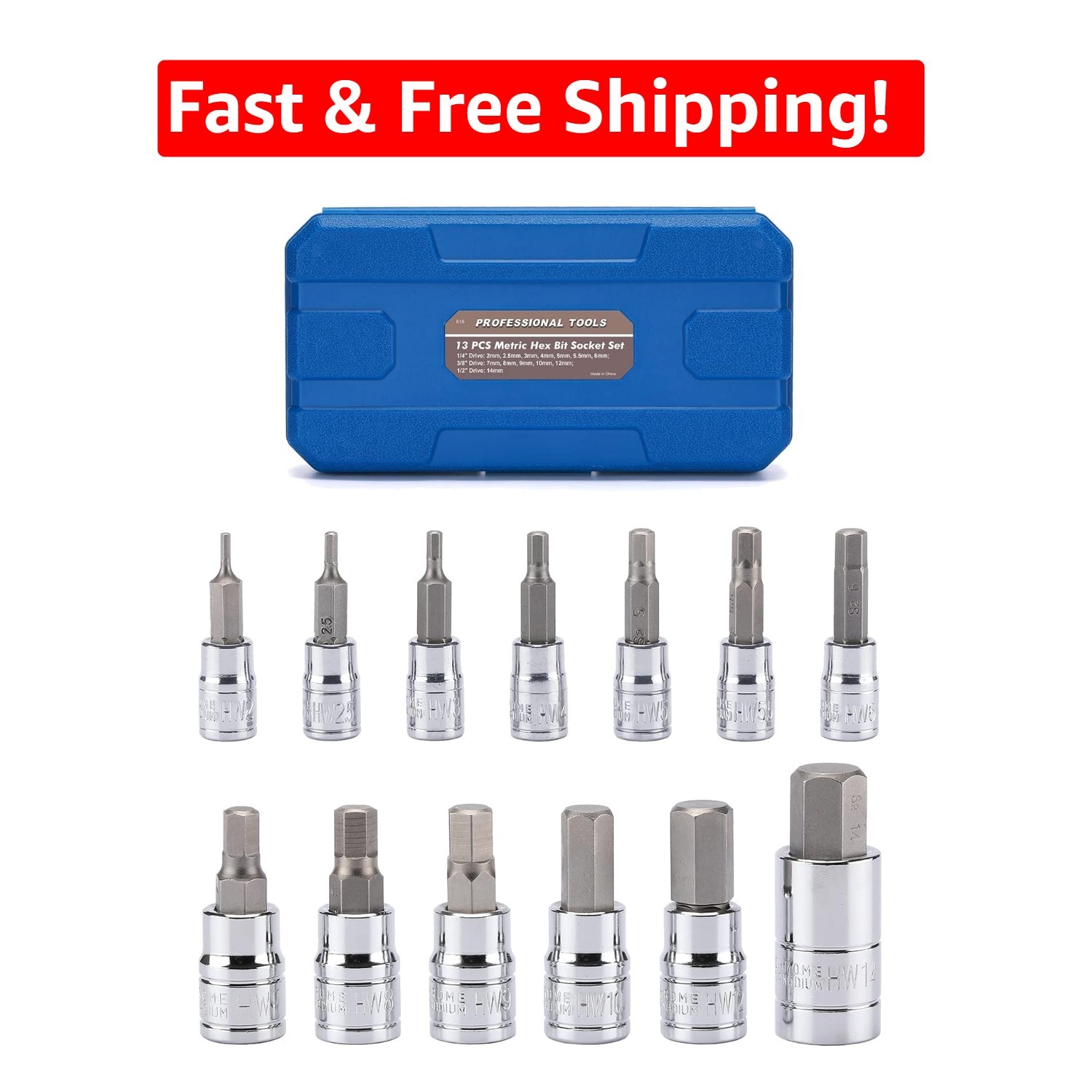 Professional 13-Piece Metric Hex Bit Socket Kit, 2mm to 14mm, with Carry Case