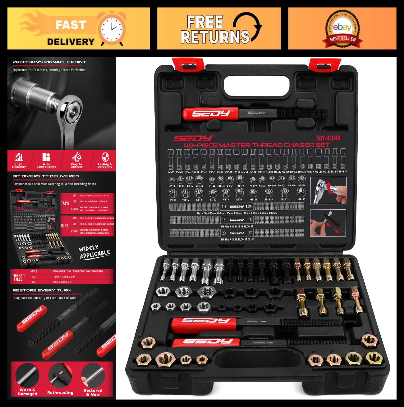 49PCS Thread Repair Tool Set – Metric & SAE Rethreading Kit, Bolt & Nut Restorer