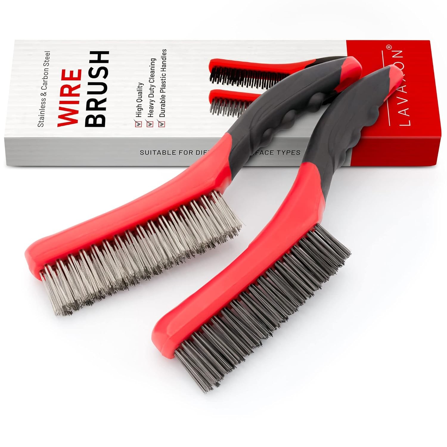 Wire Brush Set-Heavy Duty Stainless & Carbon Steel Bristles with Plastic Red