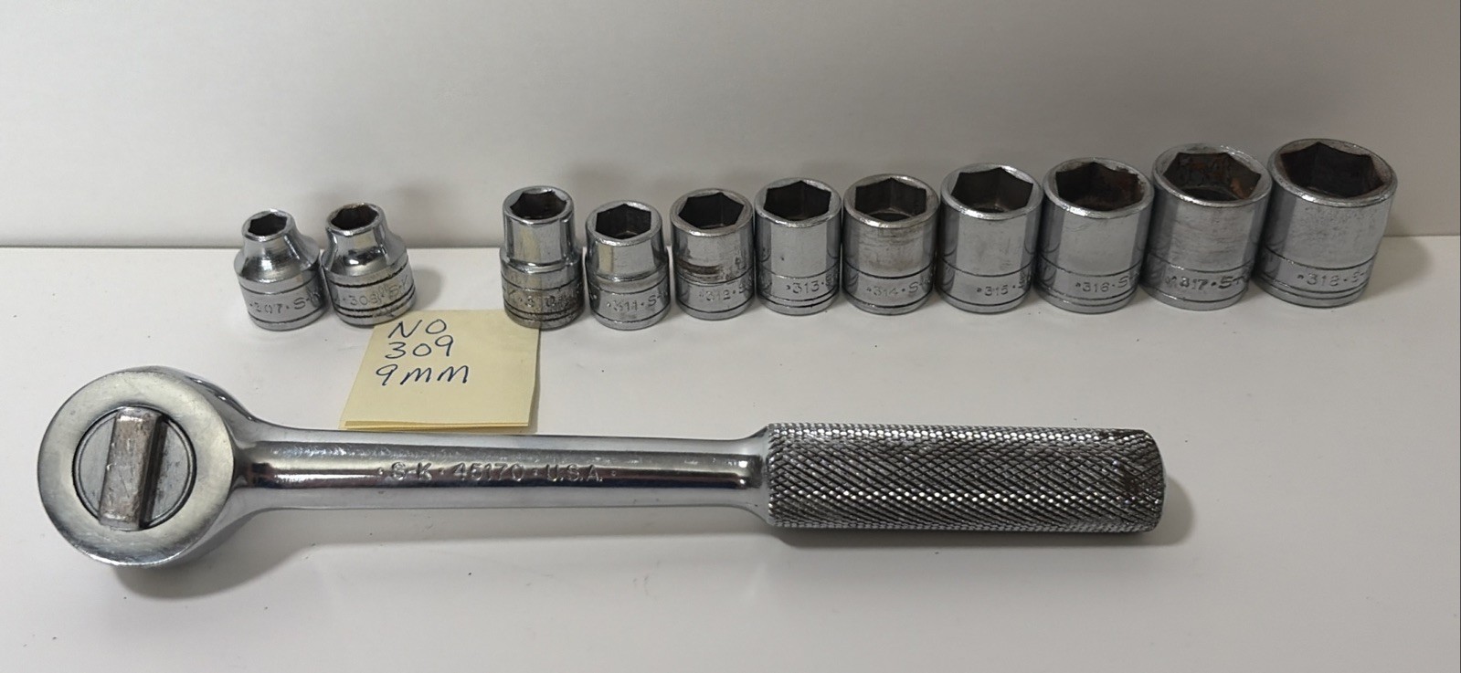 S-K Tools Ratchet 45170 & 11pc Socket Set 7mm-18mm NO 9mm. 307-318 NO 309 USA