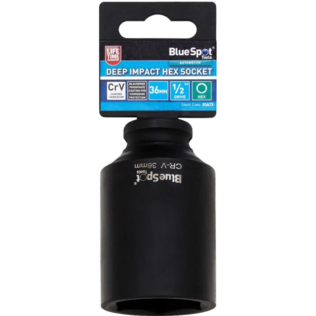 BlueSpot 36mm Deep Socket Impact Hex 6 Point Single CRV Steel 1/2″ Drive