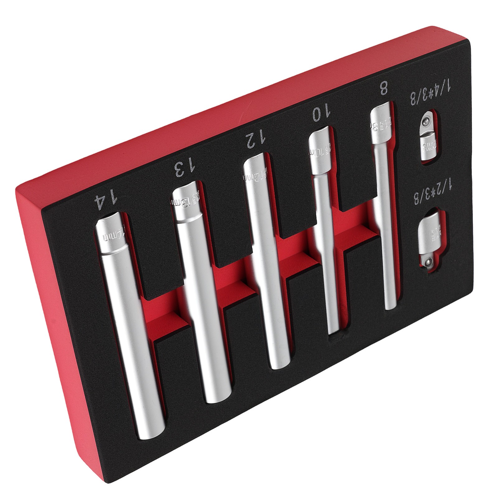 3/8in Drive Long Socket Set 8-14mm CR-V Extra Deep 120mm 6 Point + 2 Adaptors