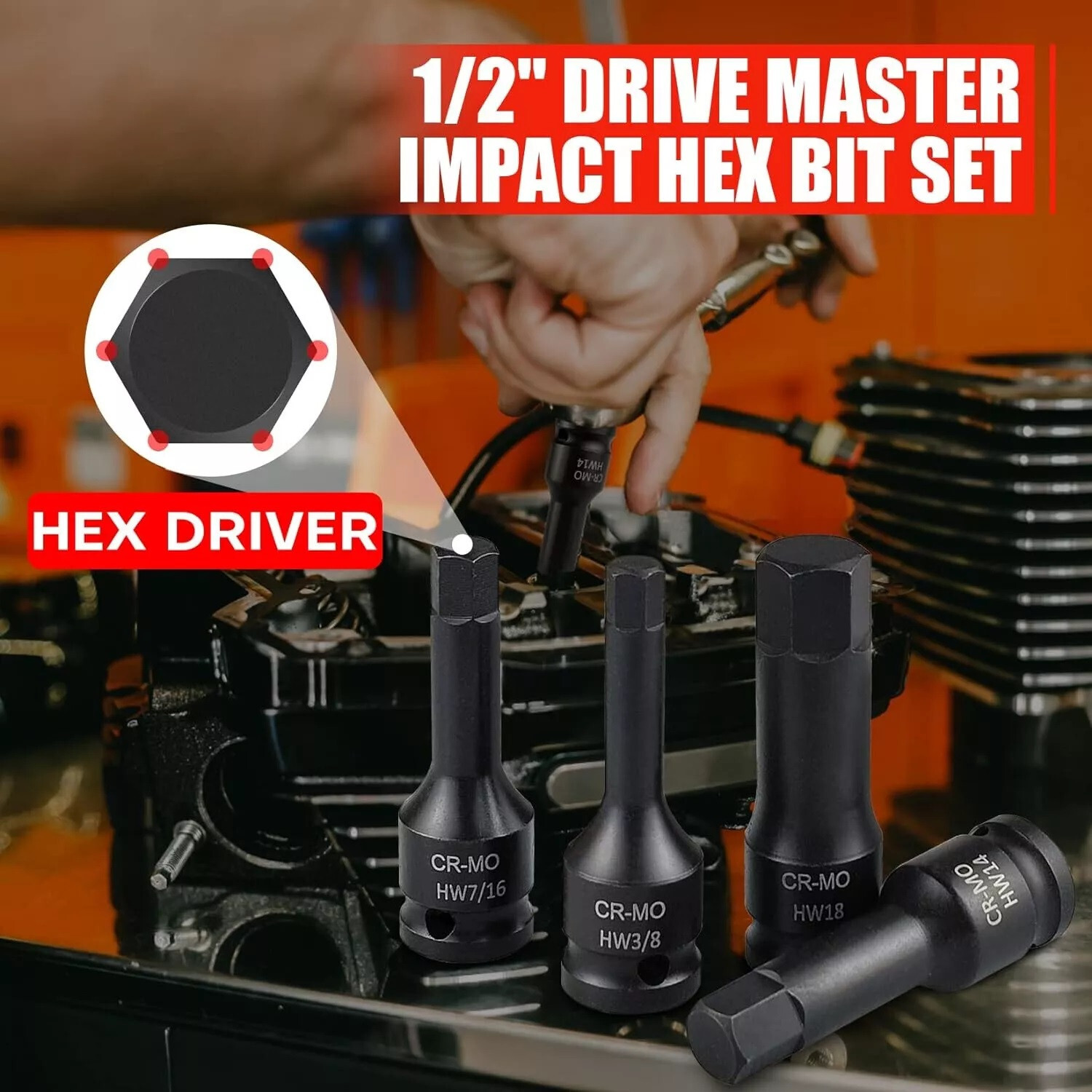 Metric & SAE 1/2″ Drive Master Impact Socket Set Hex Bits Long Air Allen Driver