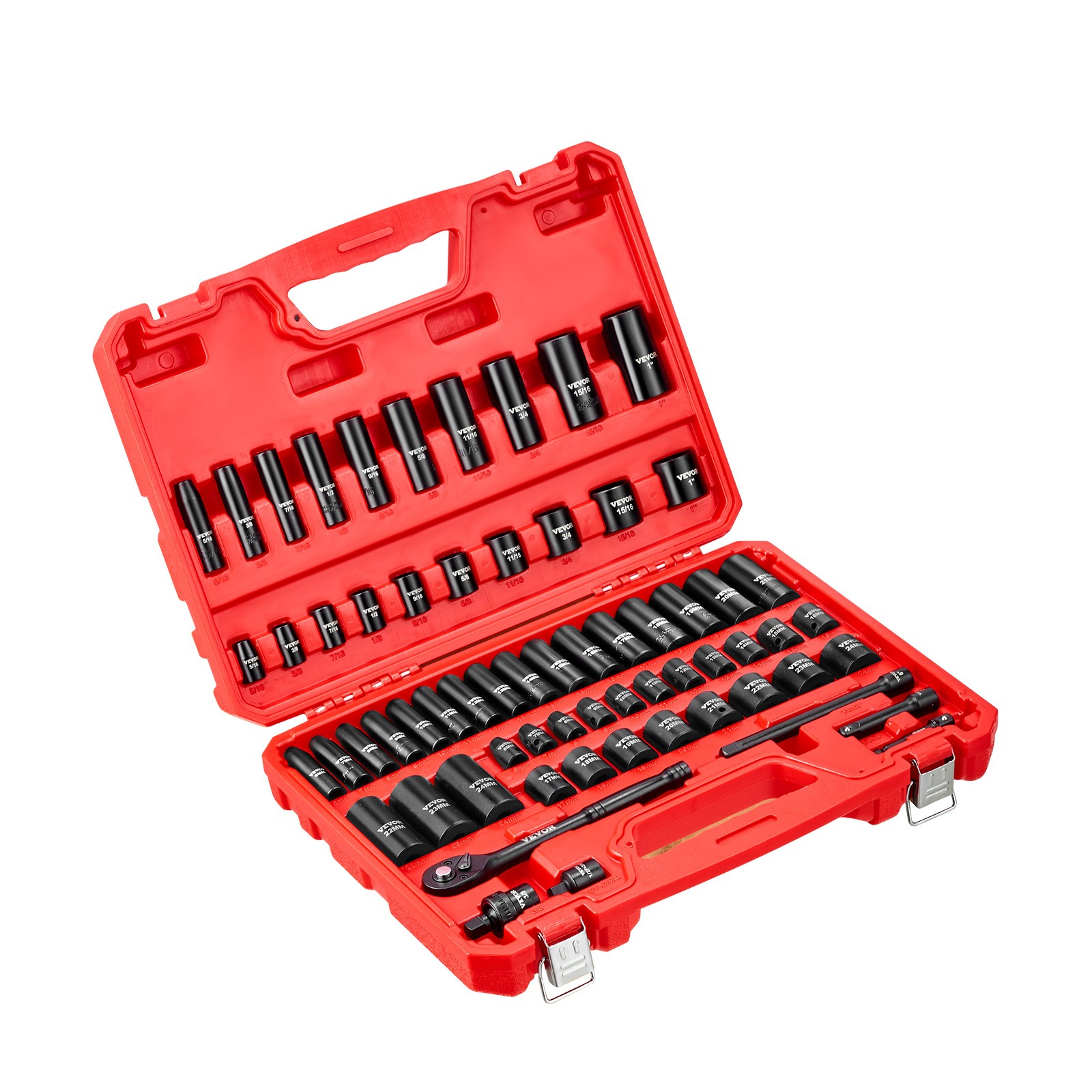 VEVOR 3/8 in Drive Impact Socket Set 64 Piece SAE 5/16 to 1 in Metric 6-24 mm