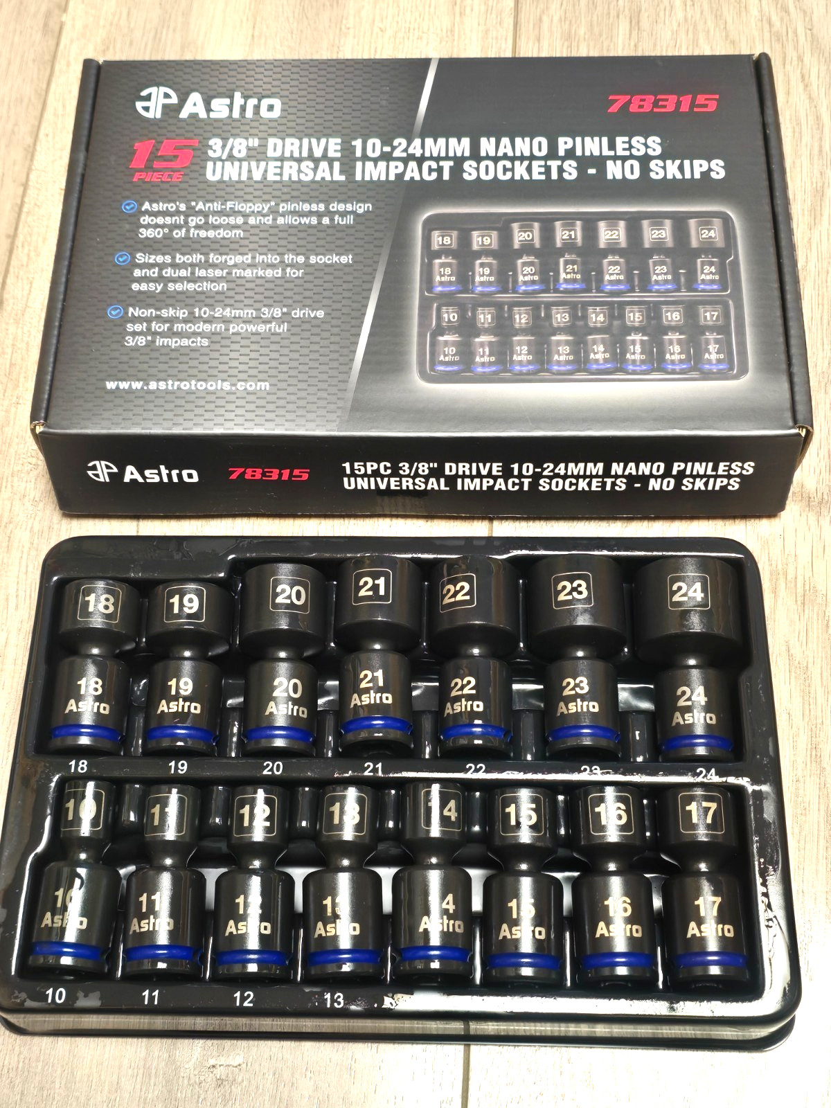 Astro Pneumatic Tools 78315, 3/8″ dr Pinless Universal Impact Socket Set 10-24mm