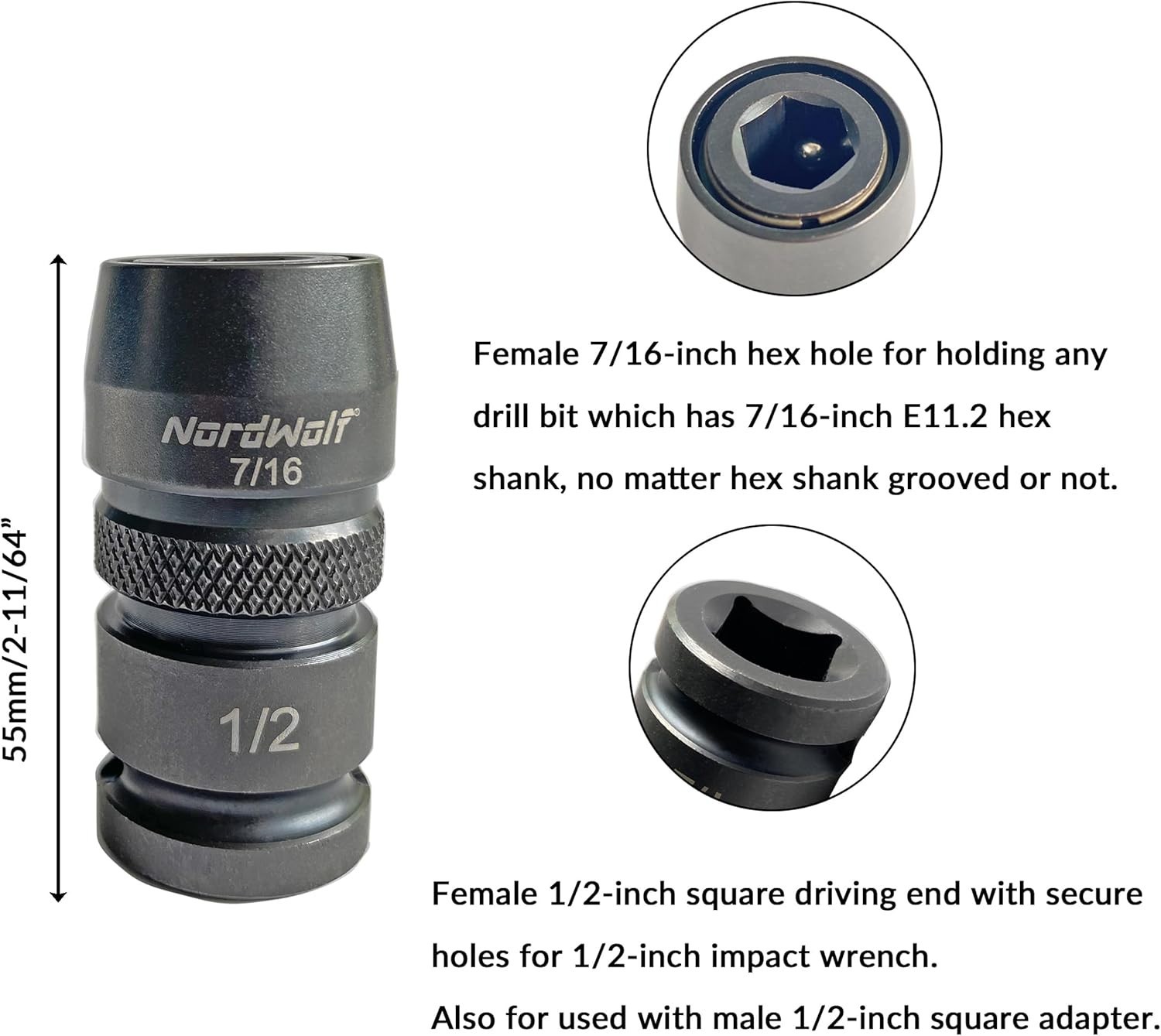 NordWolf Impact Wrench Adapter 1/2″ Sq Drive Female to 7/16″ Hex Quick Change