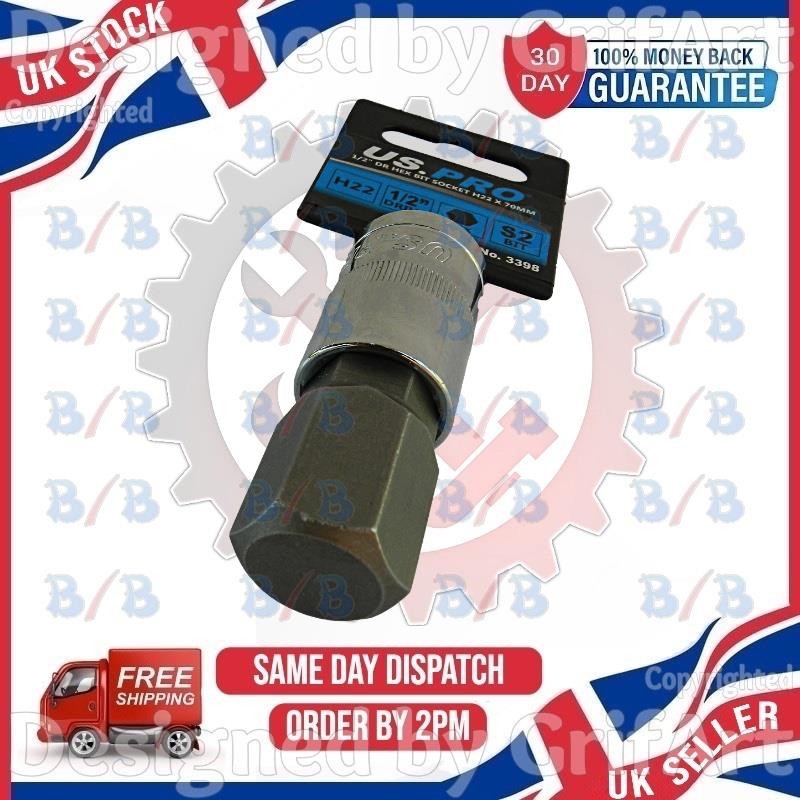 US PRO TOOLS LARGE H22 22MM HEX BIT SOCKET MALE ALLEN KEY 1/2″ INCH SQUARE DRIVE