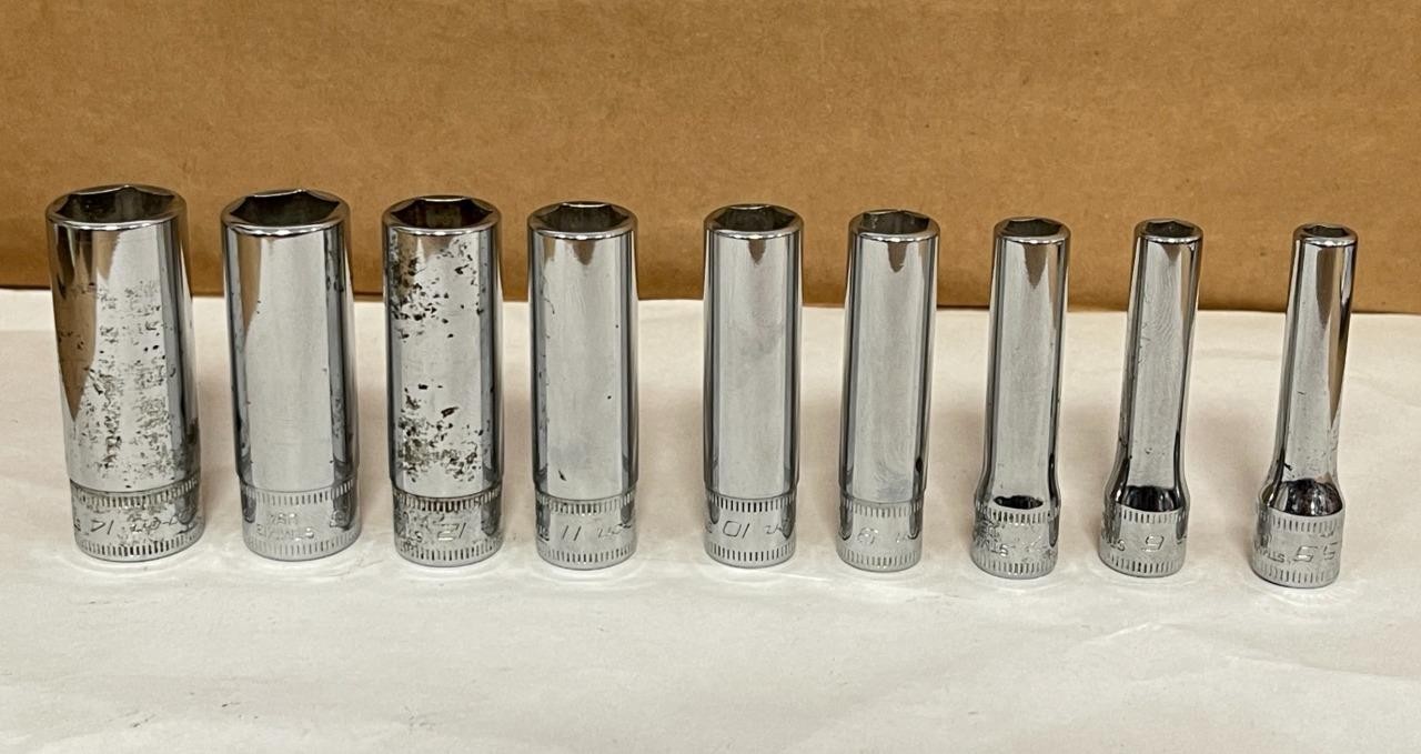 SNAP-ON 9 PC 1/4″ DRIVE 6 PT DEEP SOCKETS (5.5mm STMM5.5- 14mm STMM14) USED.