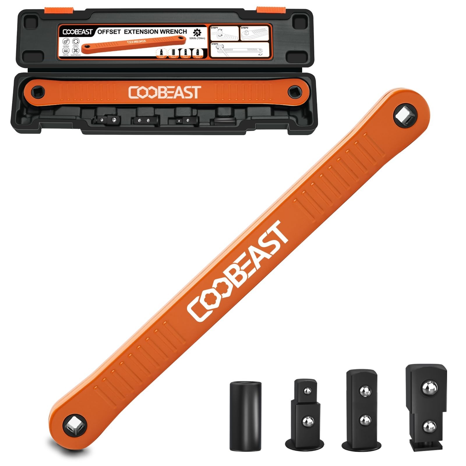 Offset Extension Wrench 3/8″ Impact Socket Tool with 1/4″, 3/8″, 1/2″ Adapters –
