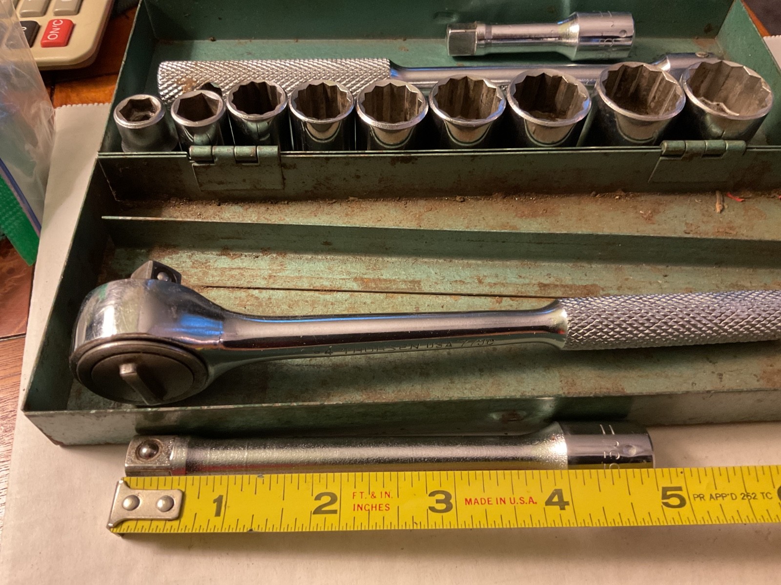 VINTAGE THORSEN USA 13 PIECE 3/8 DRIVE SOCKET SET IN METAL BOX
