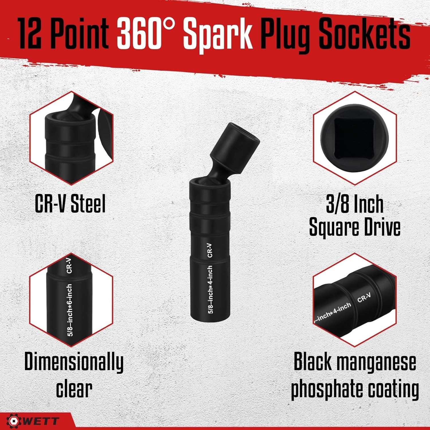3/8-Inch Drive Magnetic Swivel Spark Plug Removal Tools Socket Set, 12 Point 360