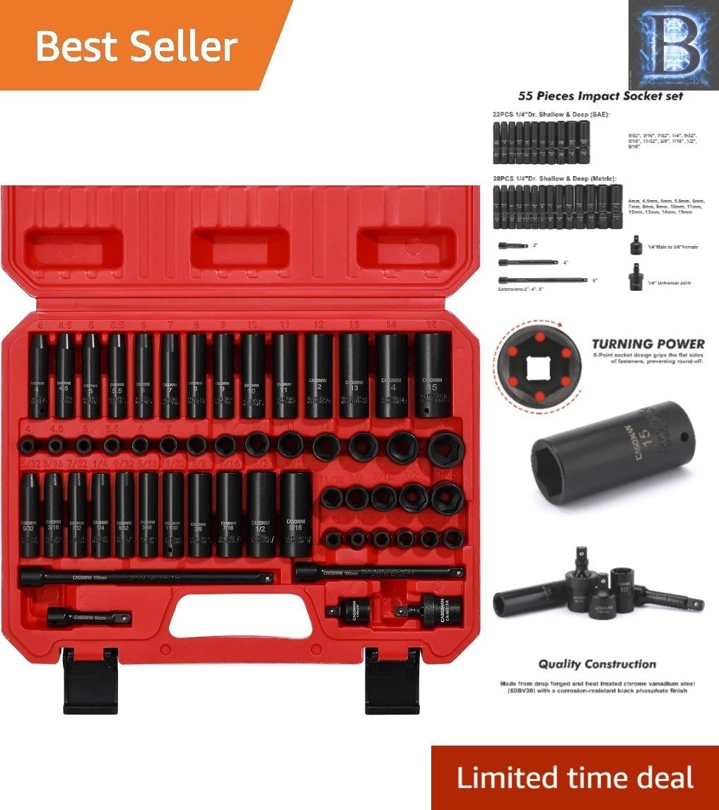 Durable 55PCS Impact Socket Set with Extensions – 1/4 Inch Drive, Cr-V Steel