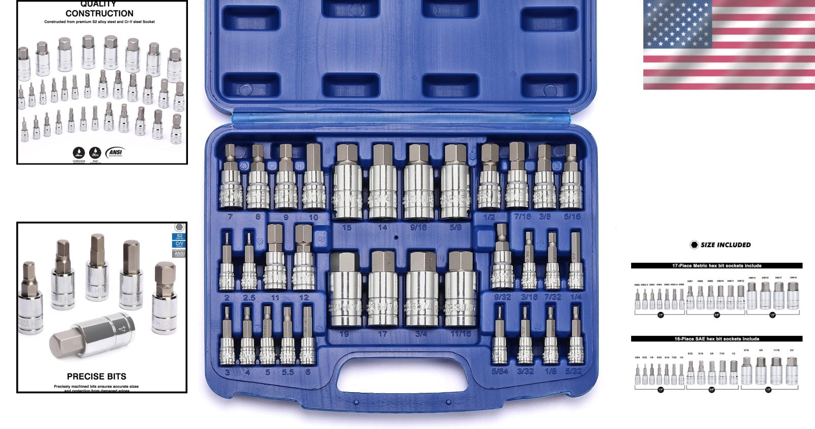 33-Piece S2 Steel Hex Bit Socket Set with Mirror Chrome Finish – SAE & Metric