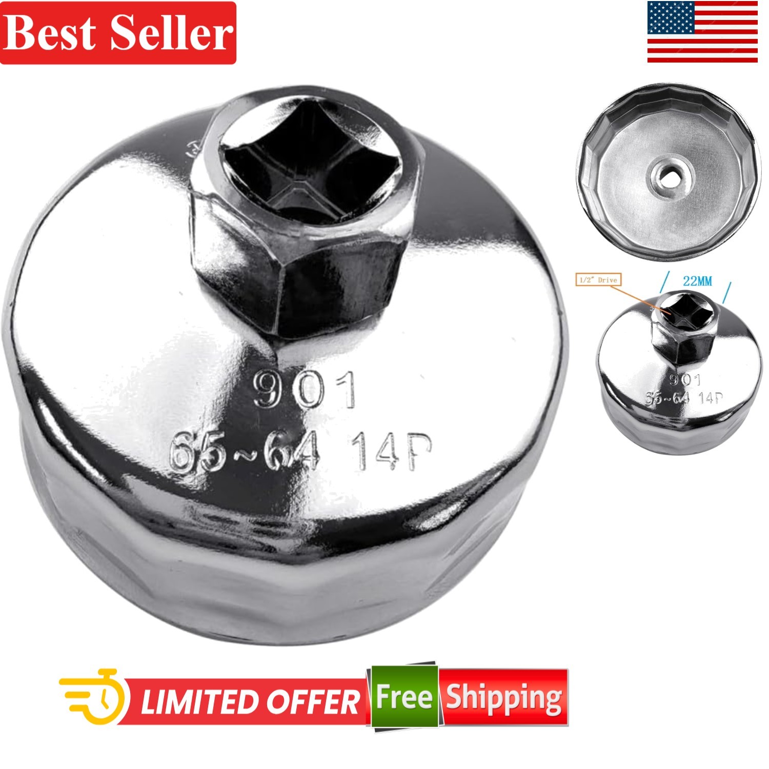 Oil Filter Wrench 64mm 14 Flutes for Honda Yamaha Mazda Nissan Motorcycle Pol…