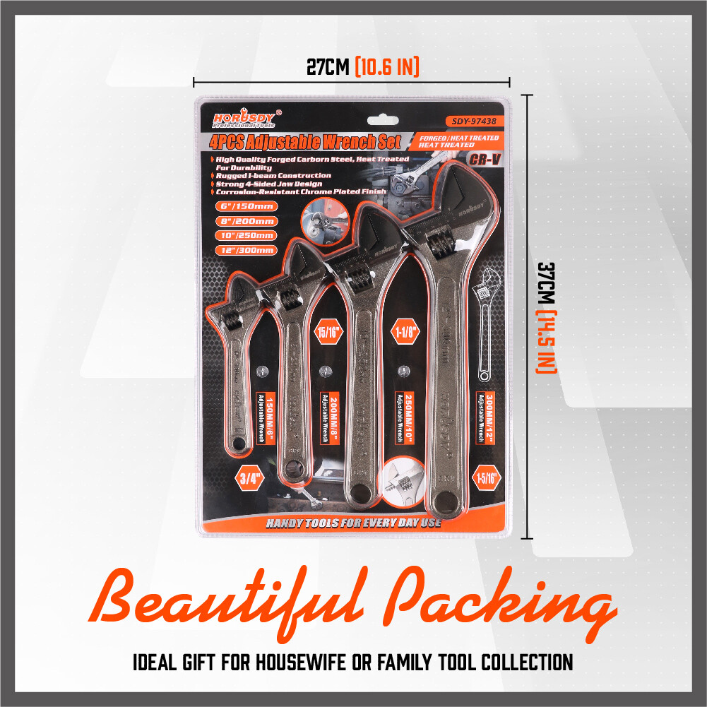 HORUSDY 4PC Adjustable Wrench Set Jaw 1-5/16″ 1-1/8″ 15/16″ 3/4″ Laser Marked