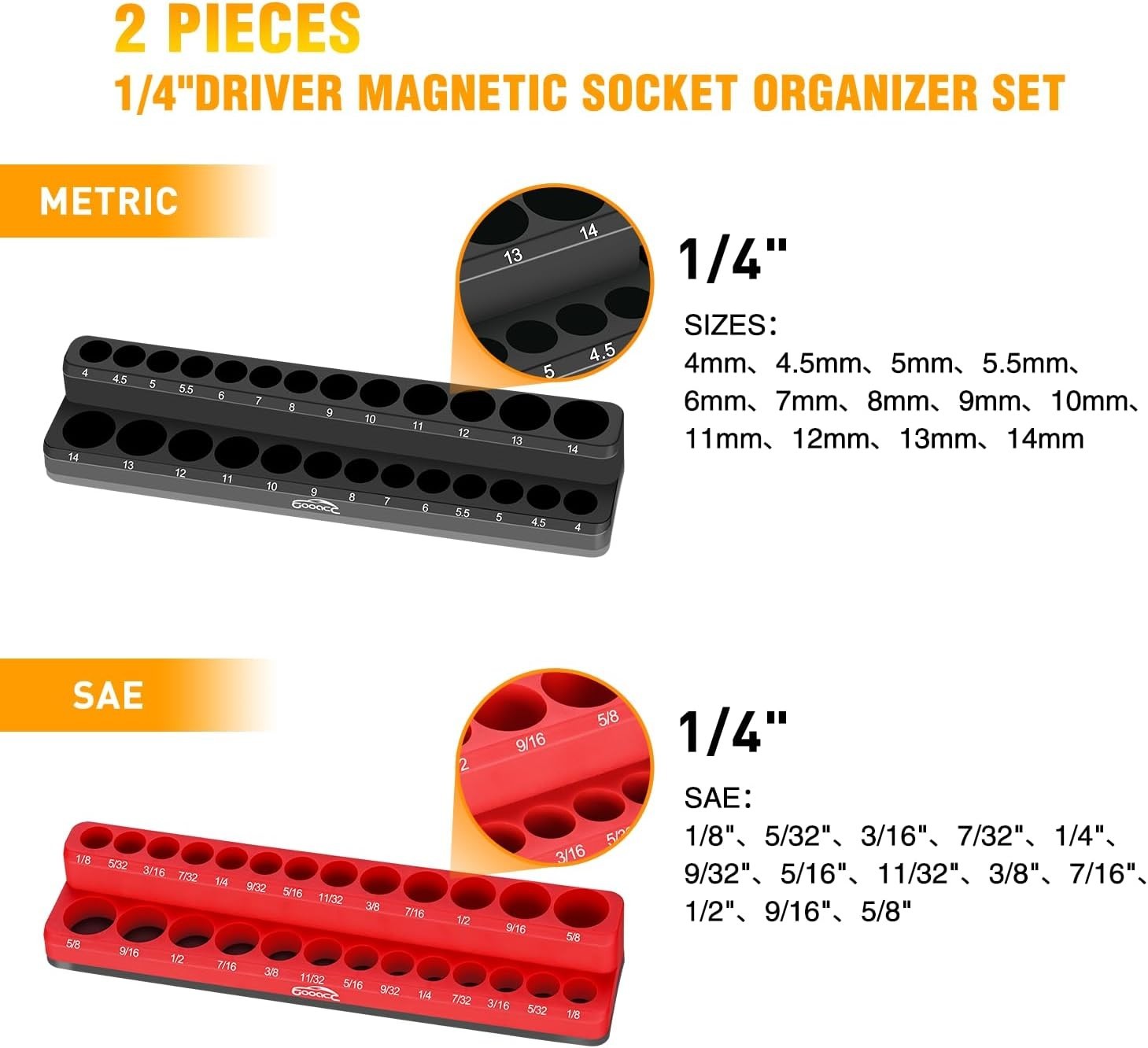 GOOACC 1/4″ Magnetic Socket Organizer, 2-Piece Socket Holder Tray
