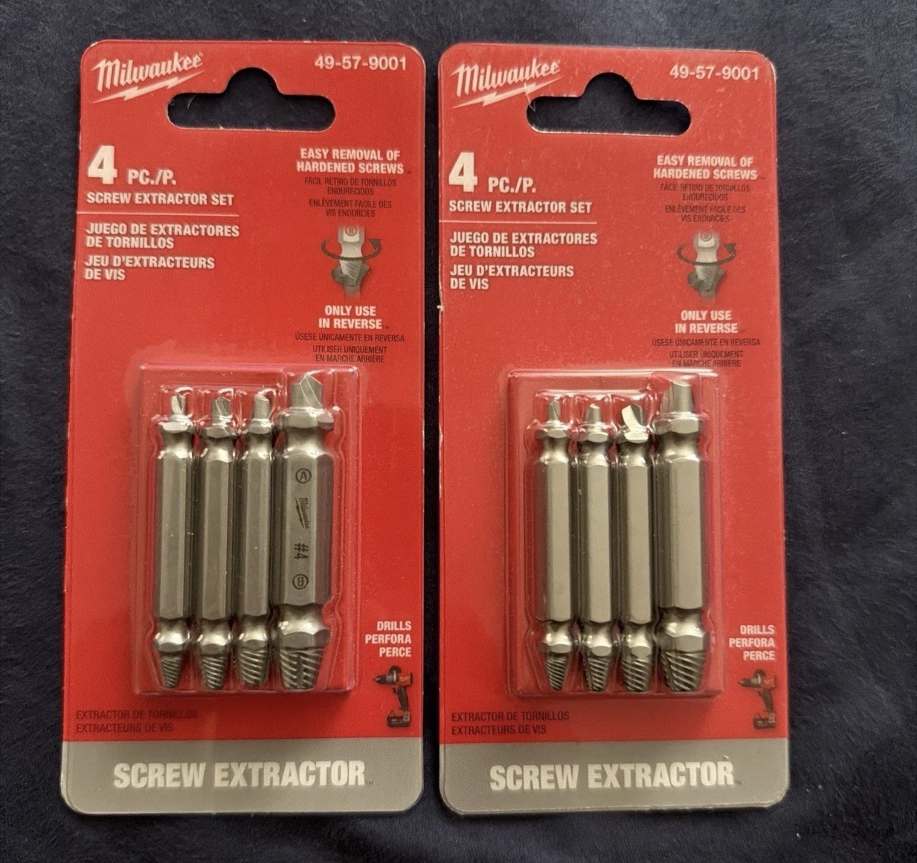 Milwaukee 49-57-9001, M2 Steel Screw Extractor Set (4-Piece Set) Lot Of 2 Packs