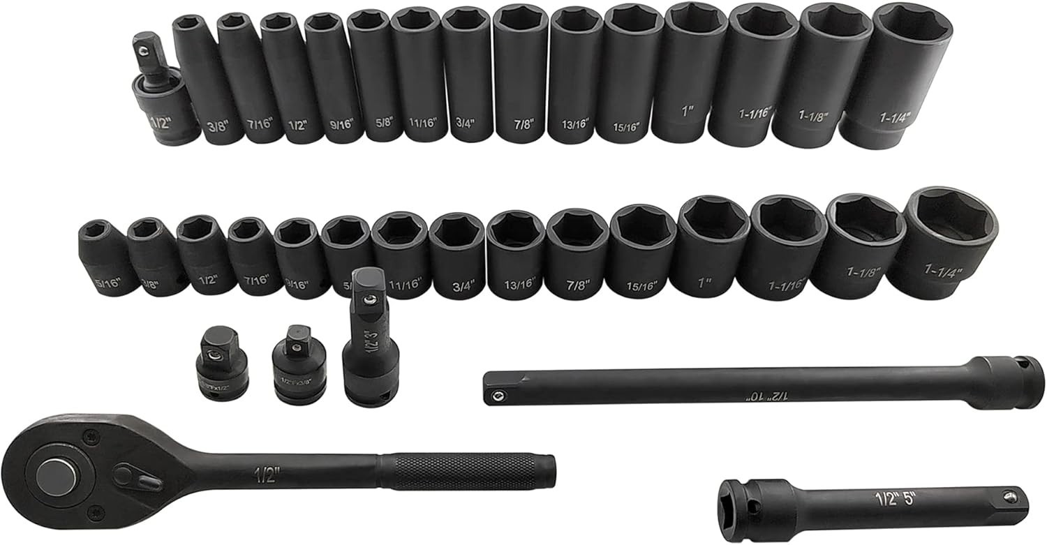 70pcs 1/2″ Drive Impact Socket Set, Cr-V Steel, SAE & Metric, Standard/Deep S…