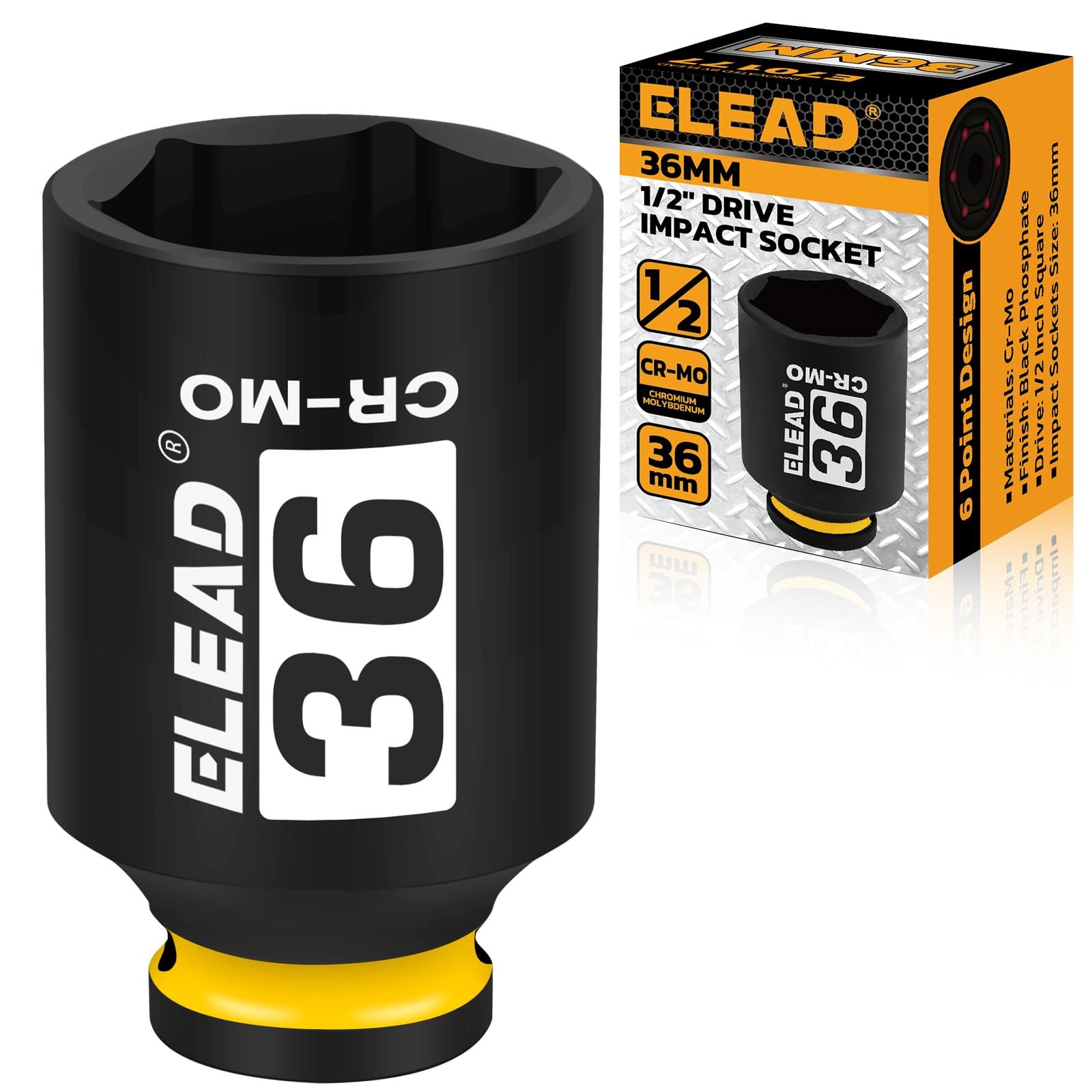 ELEAD 36mm Socket 1/2″ Drive Deep Impact Socket, Metric 6 36mm, Yellow