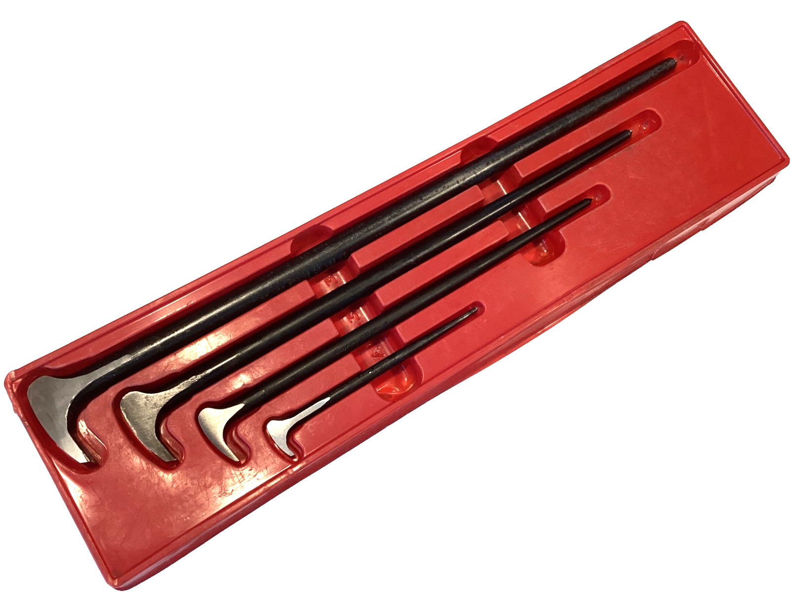 Snap On Tools 4 Piece Rolling Head Pry Bar Set With Tray 6” To 20” PBS704 NICE