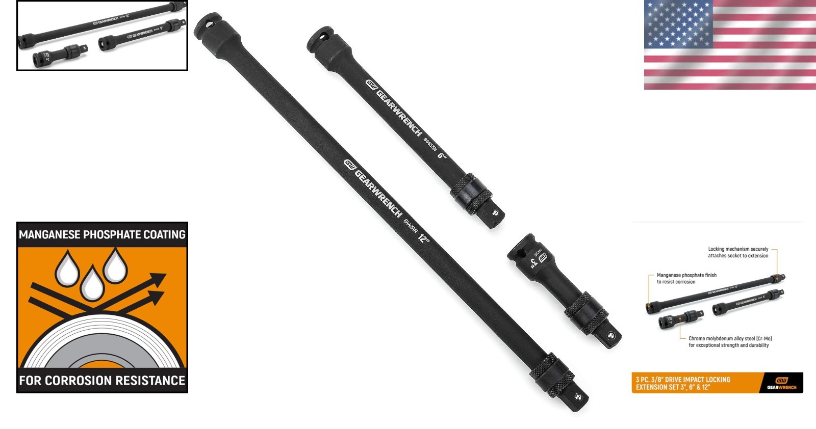 Heavy Duty 3 Pc 3/8″ Drive Impact Extension Set Locking Manganese Phosphate