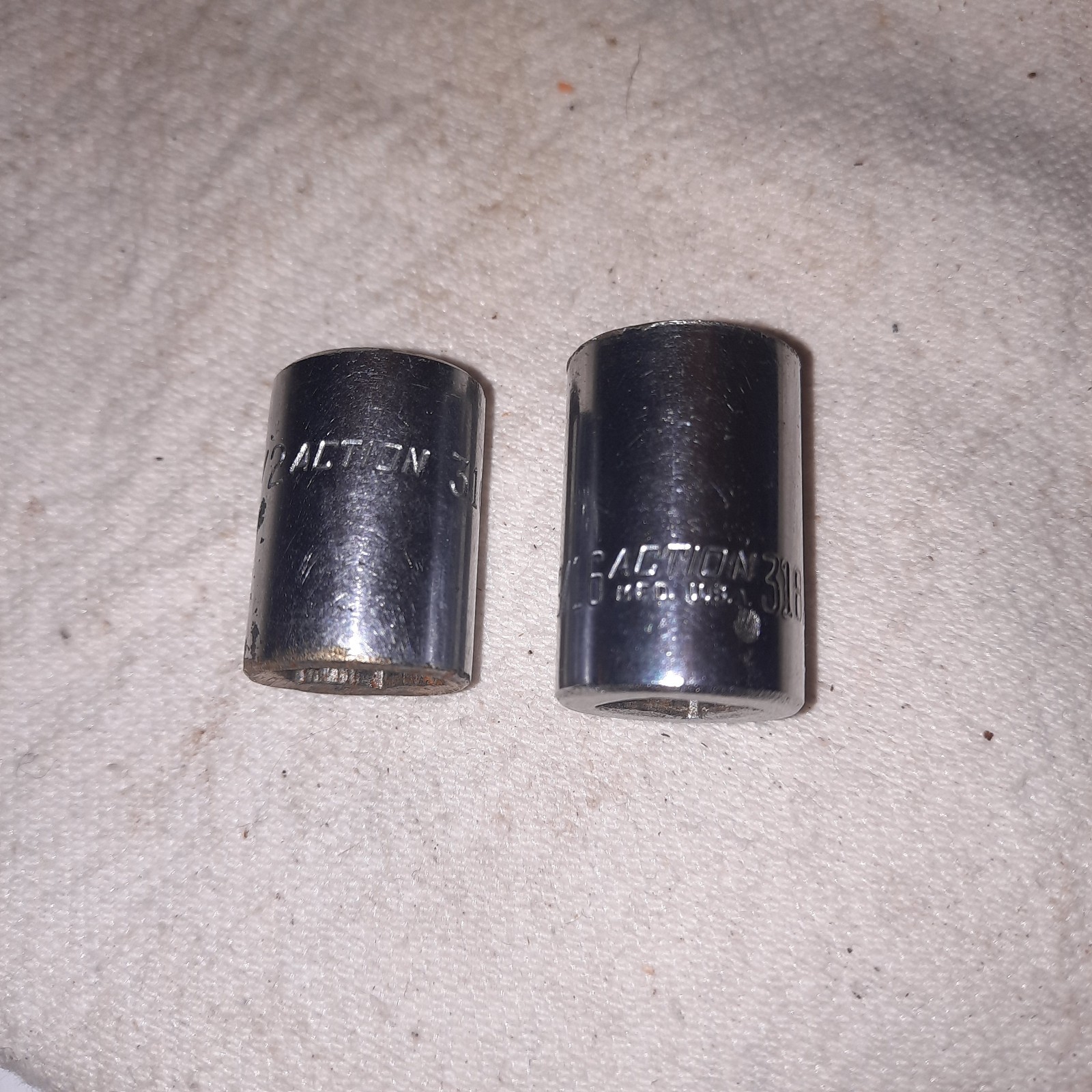Action Industries 3/8 Dr 1/2 6 pt and 9/16 12 pt Chrome Sockets. Made in USA.