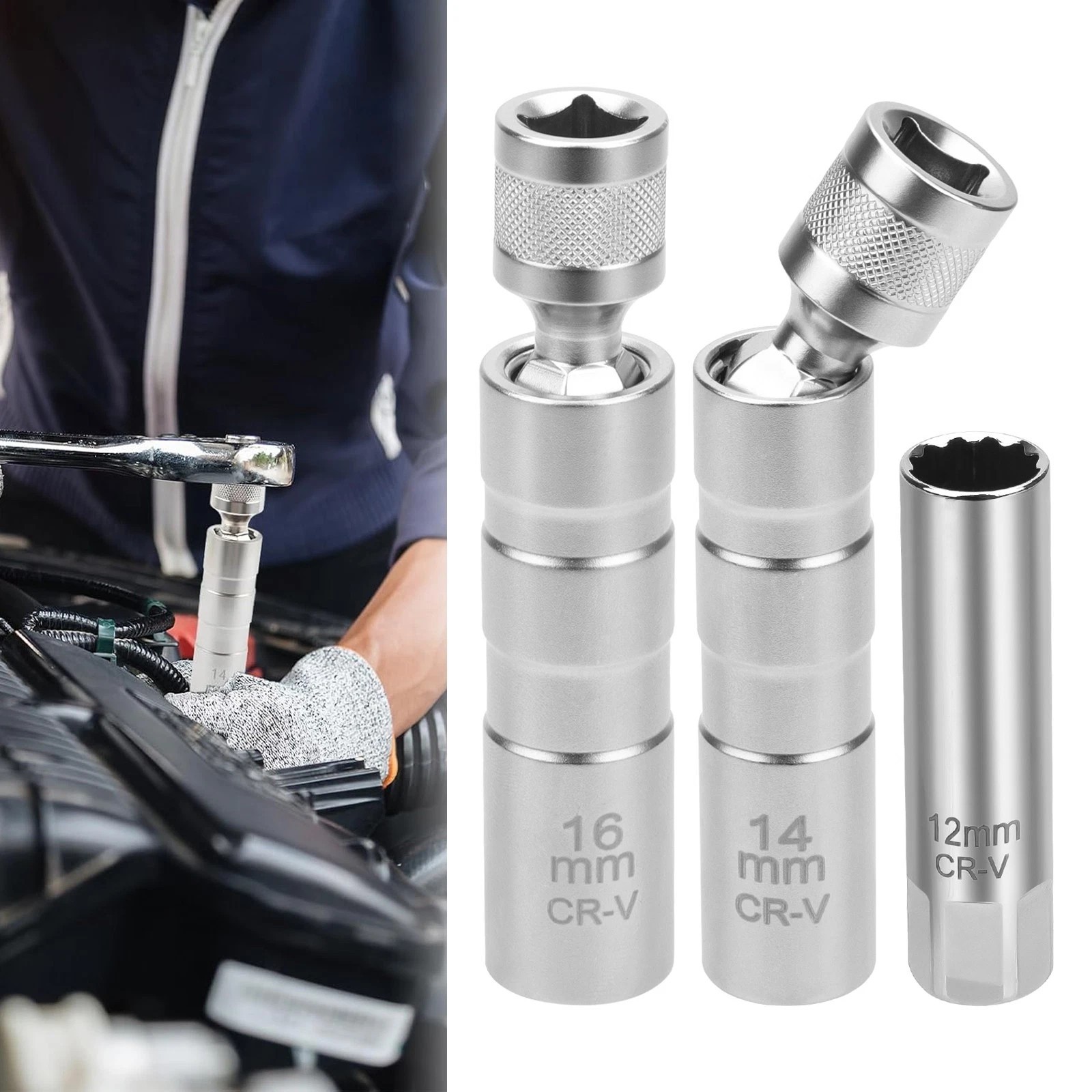 12MM 14MM 16MM Thin Wall Magnetic Swivel Spark Plug Socket 12-Point Removal Tool