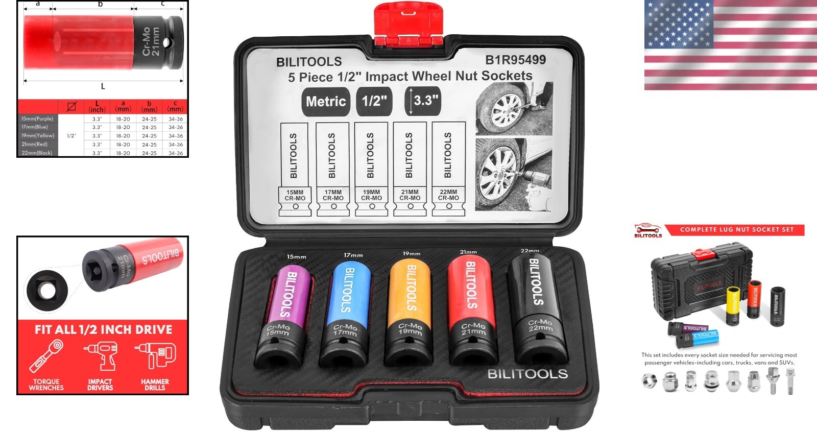 Impact Lug Nut Socket Set Chrome Molybdenum Steel 5 Piece for Wheels
