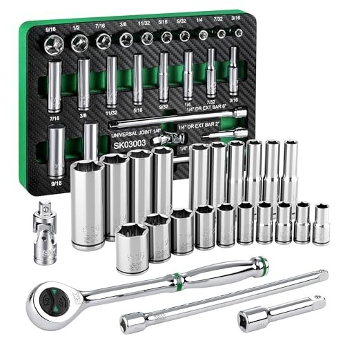 24-Piece 1/4″ Drive Socket Set, SAE, Ratchet, SuperKrome Finish, EVA Organizer