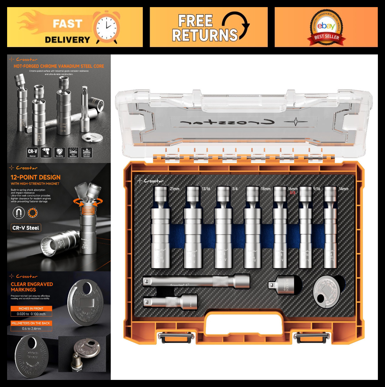 11PCS Magnetic Swivel Spark Plug Socket Set, 3/8″ Drive, CR-V Steel, 18mm/13/16″