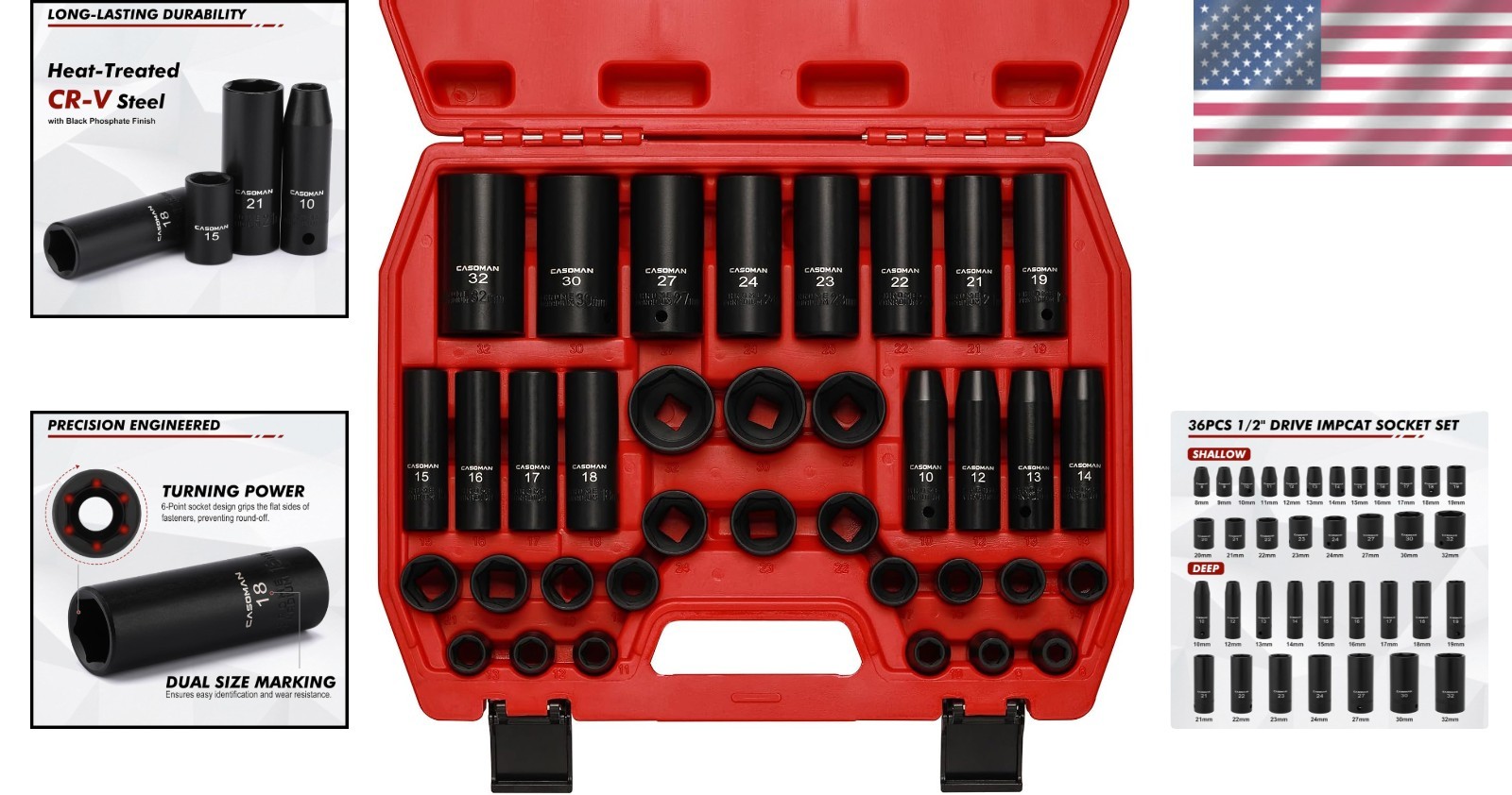 Casoman 36-Piece 1/2″ Drive Metric Impact Socket Set