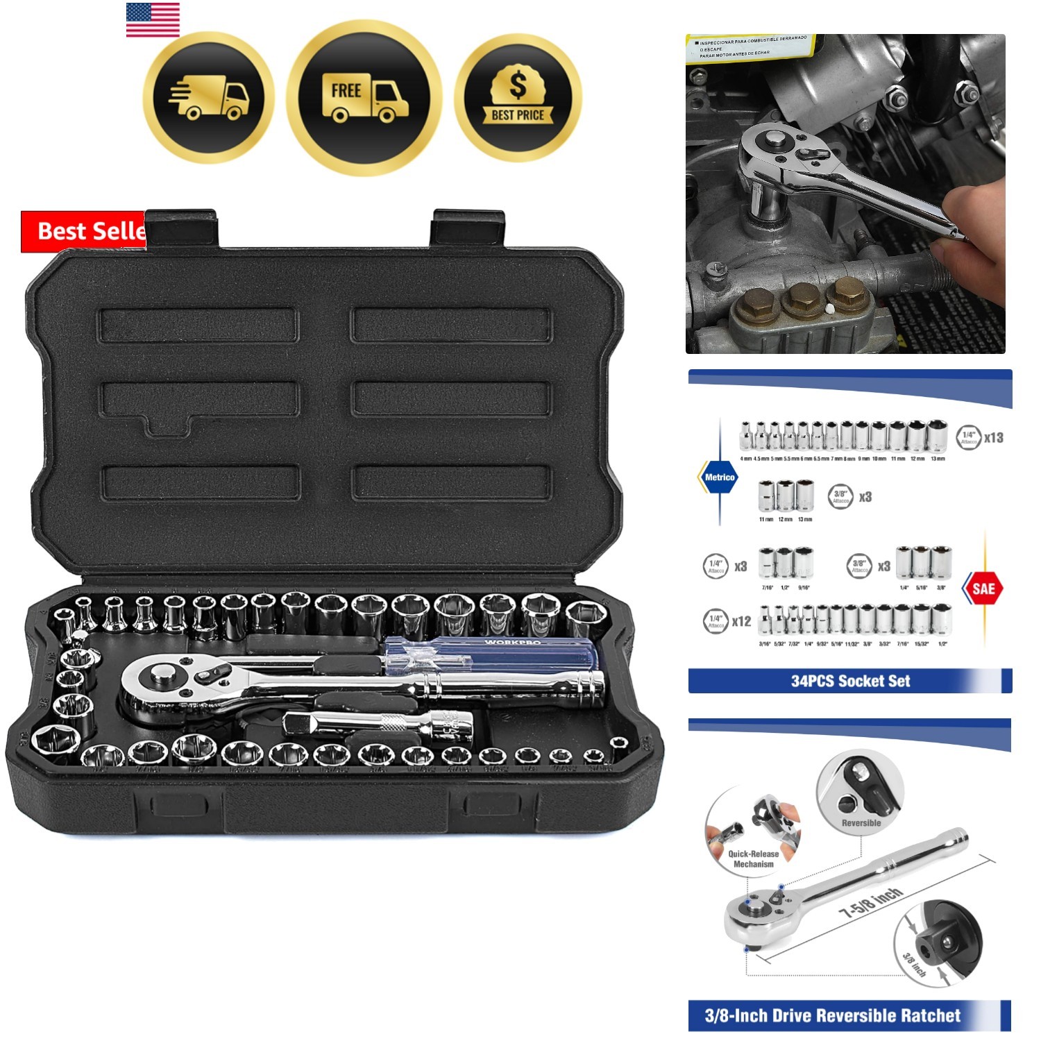 39-Piece Drive Socket Set 1/4» & 3/8», CR-V Metric and SAE Sockets with Qui…