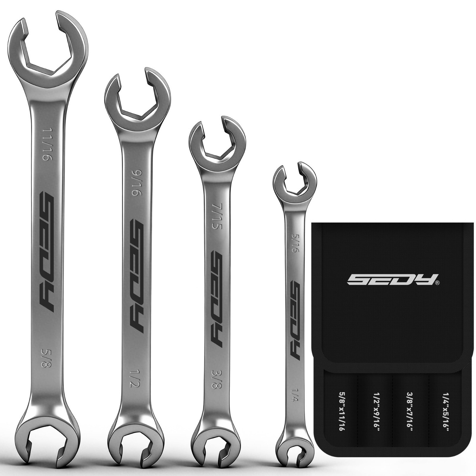 4-Piece SAE Flare Nut Wrench Set – Brake Line Tools with Offset Heads & Pouch