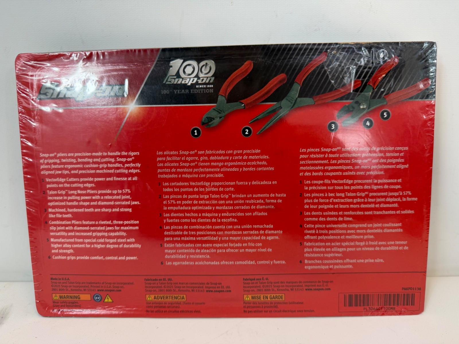 NEW Snap On Tools 100th Anniversary – Red 3Pc Pliers PL306ACF100MR- NEW