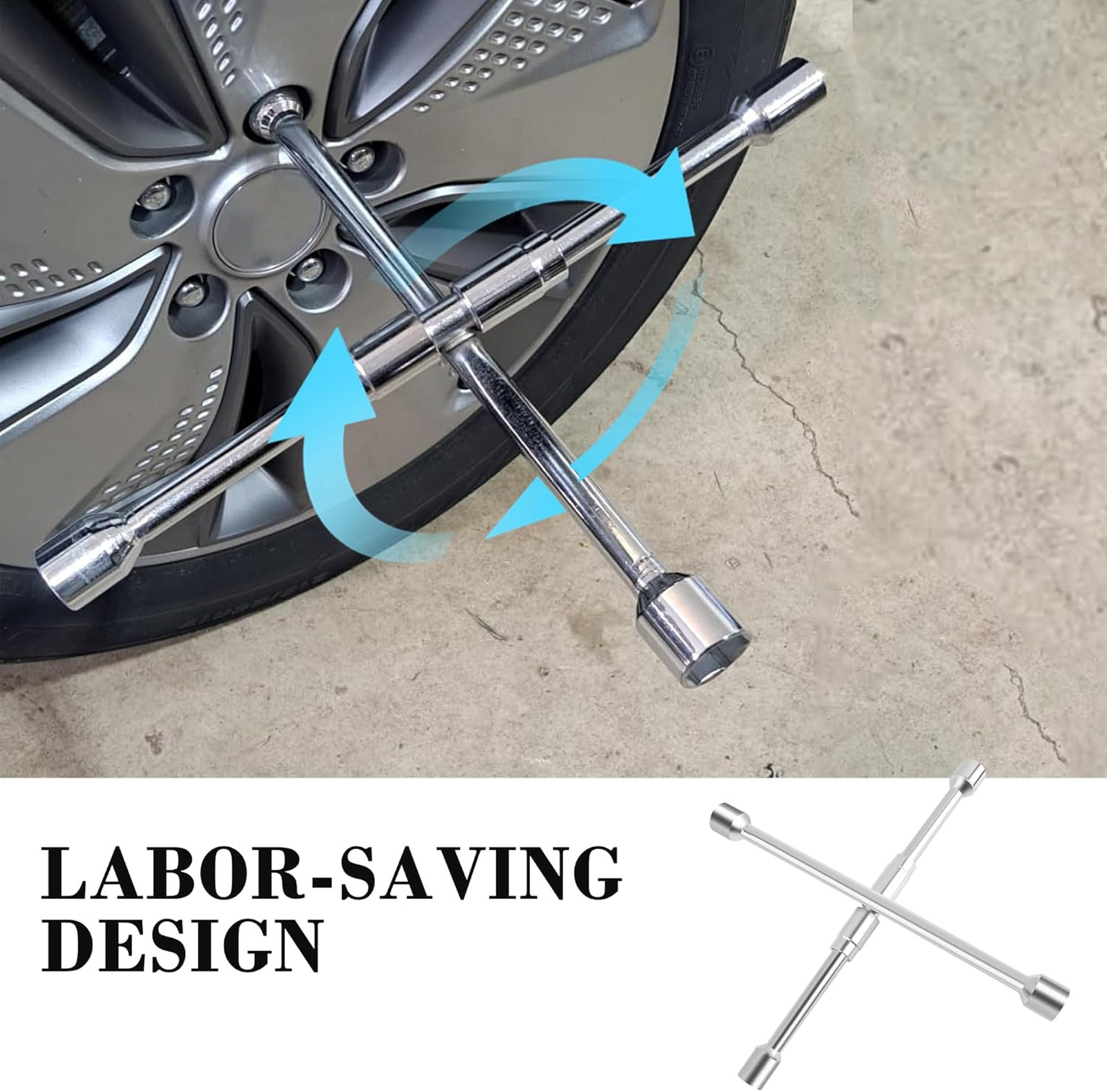 Foldable 14 Inch 4 Way Lug Wrench with Interchangeable Sockets 17mm 19mm 21mm