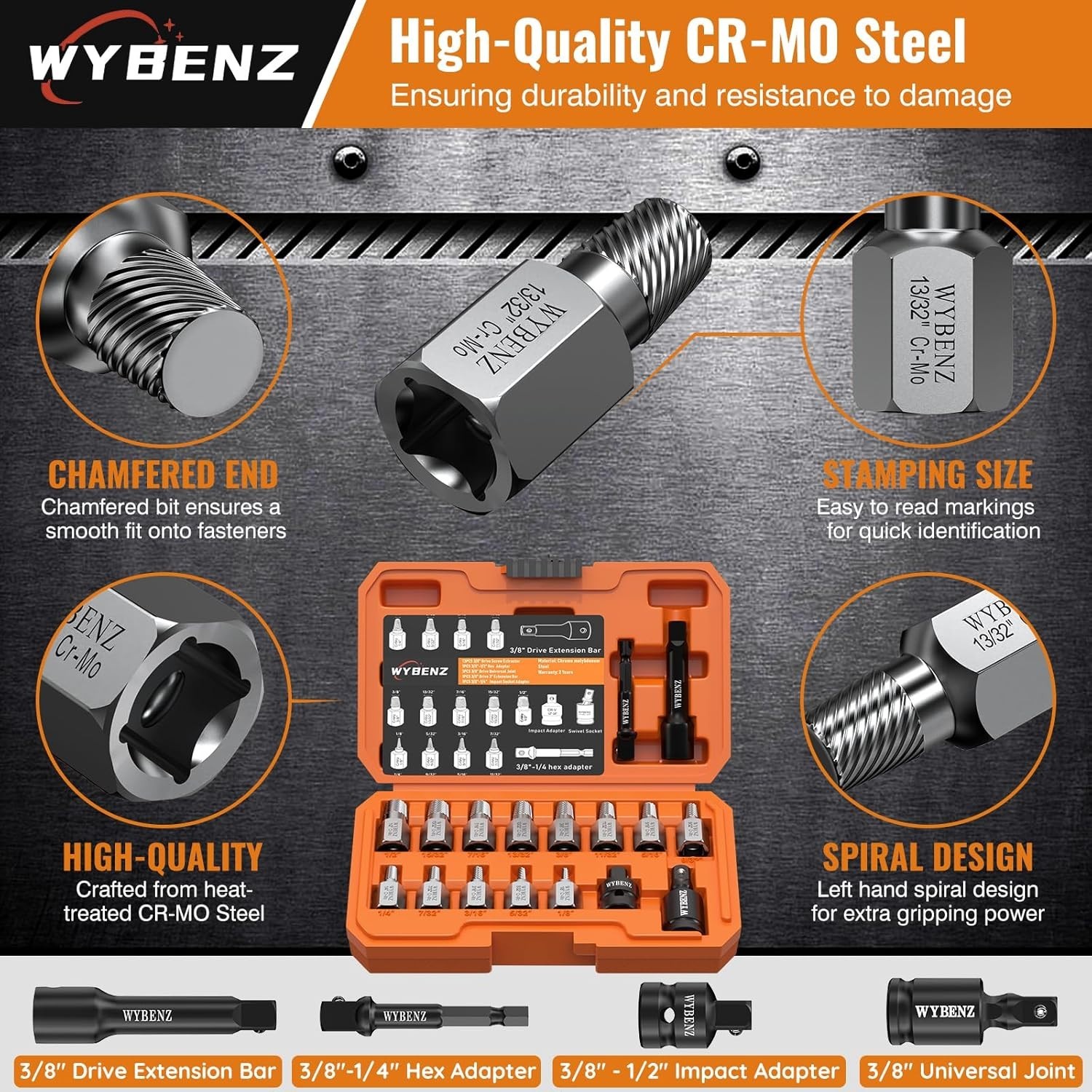 High-Quality 17-Pcs Bolt Extractor Set with Multi-Spline Design and Adapters